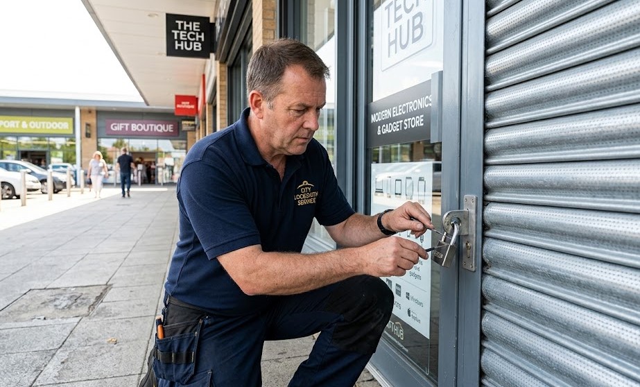 Cerrajero reparando cierre de local en parque comercial